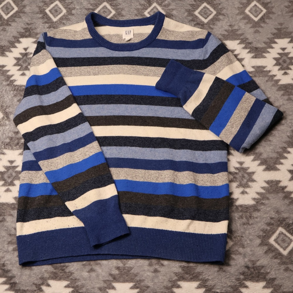 Gap Mens Blue Striped Merino Wool Blend Crewneck Sweater Large